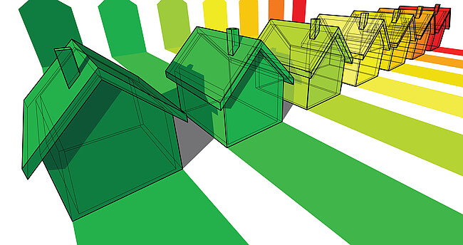 Symboldbild Wärmeenergie zeigt Zeichnungen von Häusern, die im Farbverlauf grün , gelb und rot eingefärbt wurden