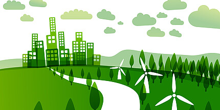 Symbolbild Nachhaltigkeit Grüne Zeichnung, die Nachhaltigkeit darstellen soll. Im Hintergdung eine gezeichnete Stadt mit Hochbaute, davor eine Landschaft mit Bäumen, Windkraftanlagen und einer Straße