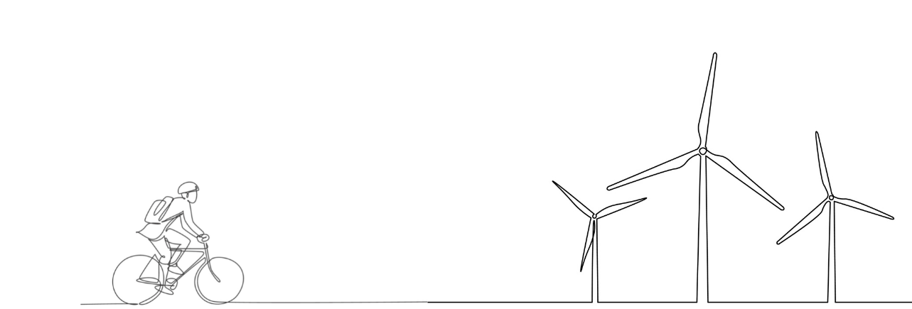 eine einfache Strichzeichnung von einem Fahrradfahrer vor Windkraftanlage