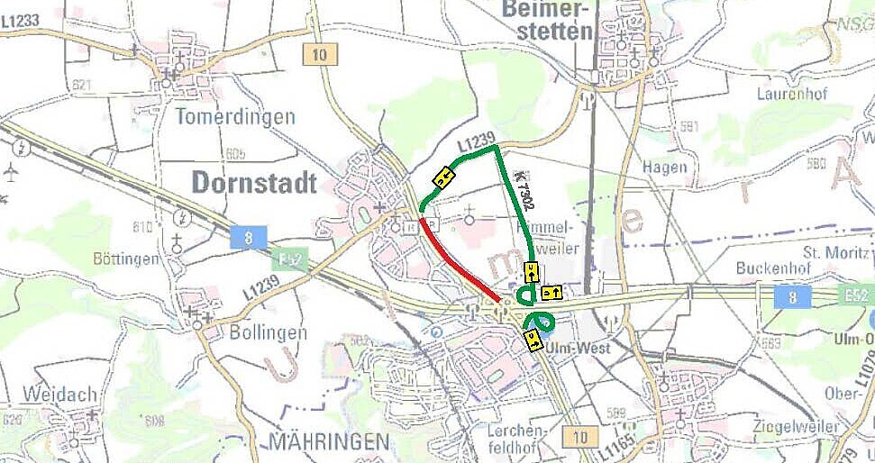 Das Foto zueigt die Umleitungsskizze B 10 zur Fahrbahndeckenerneuerung zwischen Ulm-West und Dornstadt