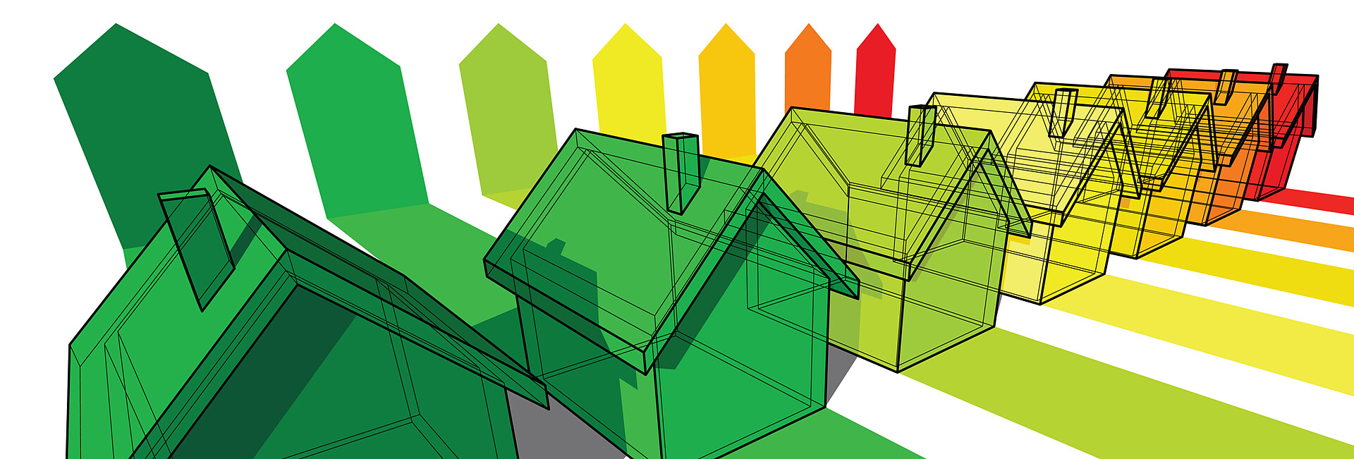 Symboldbild Wärmeenergie zeigt Zeichnungen von Häusern, die im Farbverlauf grün , gelb und rot eingefärbt wurden