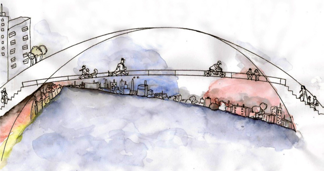 Zeichnung einer Brücke über den Rhein zwischen Deutschland und Frankreich
